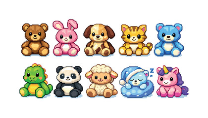 Obraz premium Collection of cute pixel art stuffed animals including a bear, bunny, dog, cat, and unicorn