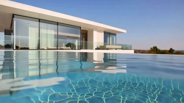 Modern house with glass walls and infinity pool reflecting water gently rippling under clear blue sky, creating peaceful reflections and light patterns in bright outdoor luxury living space