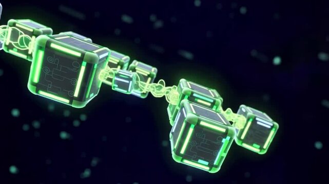 Futuristic digital chain with glowing green cubes linked by neon circuits, showcasing innovative technology and blockchain concepts in high tech cube network with glowing neon green links