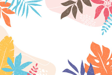 Obraz premium Abstract tropical frame with colorful leaves and organic shapes arranged around empty center space. Textured flat vector illustration, ideal for banners, invitations and seasonal layouts.