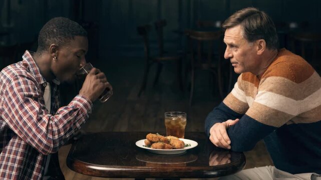 Medium shot of late evening loan workout discussion at a compact table focusing on borrowers contemplative expression and lenders reassuring hand gesture background dimmed.