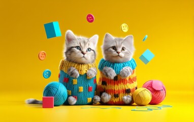 Fototapeta premium Adorable 3D Illustration of Two Kittens Tangled in Colorful Yarn and Toys