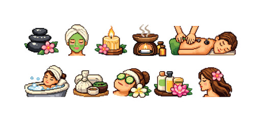 Obraz premium Pixel art collection of spa and wellness icons for relaxation and self-care