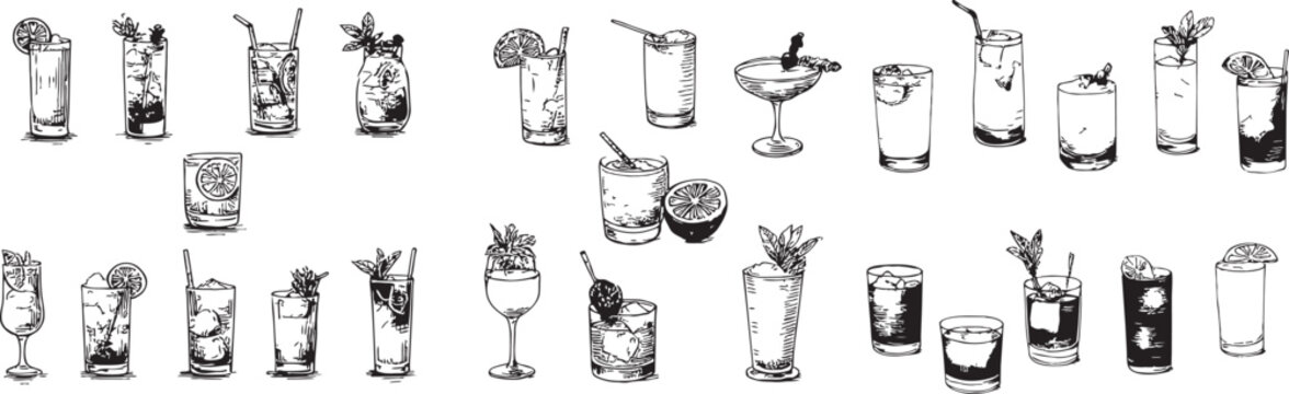 Cocktail doodle set, hand drawn vintage cocktail vector illustrations