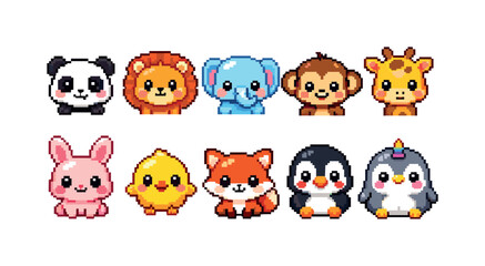 Fototapeta premium Collection of cute pixel art animals including panda, lion, elephant, monkey, giraffe, bunny, chick, fox, and penguins
