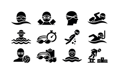 Fototapeta premium Collection of diverse swimming icons representing different aquatic activities and equipment