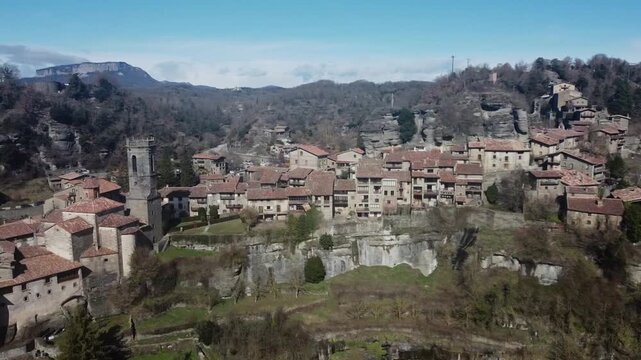 Aerial view of Rupit, a traditional medieval village in Catalonia, Spain