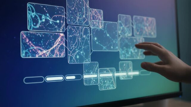 Medium shot of a handson search experience featuring dynamic card groups and tabs on a desktop screen selective focus on user activity and data.