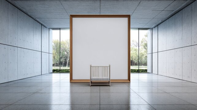 Minimalist interior space features large empty frame and small wooden infant bed