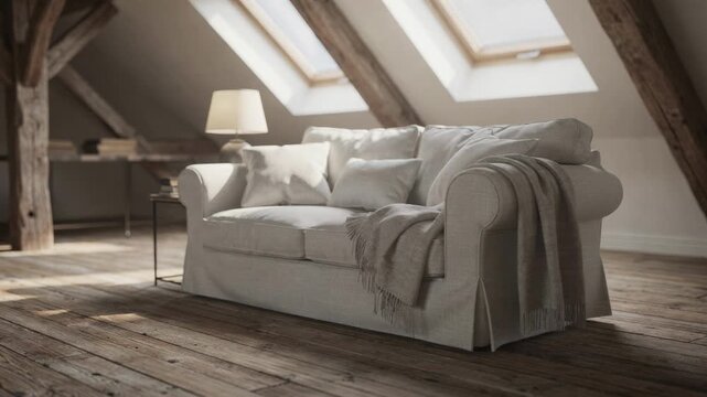 Bright attic reading nook captured with a clear focus on a comfy sofa as softly outoffocus skylights and rustic wood accents envelop the relaxing space.