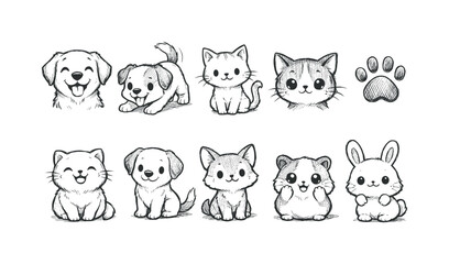 Obraz premium Collection of adorable hand-drawn sketch style cute pets and paw print