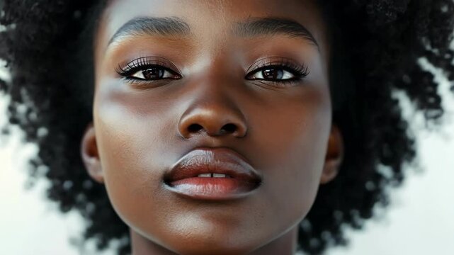 A woman with a dark complexion and a black hair style. She has a very nice and beautiful face