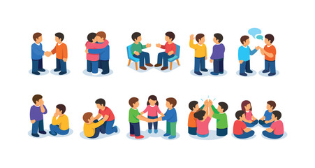 Fototapeta premium Diverse group interactions and teamwork illustrated with isometric people figures