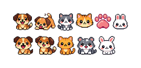 Obraz premium Cute pixel art collection of adorable cartoon animals and paw print