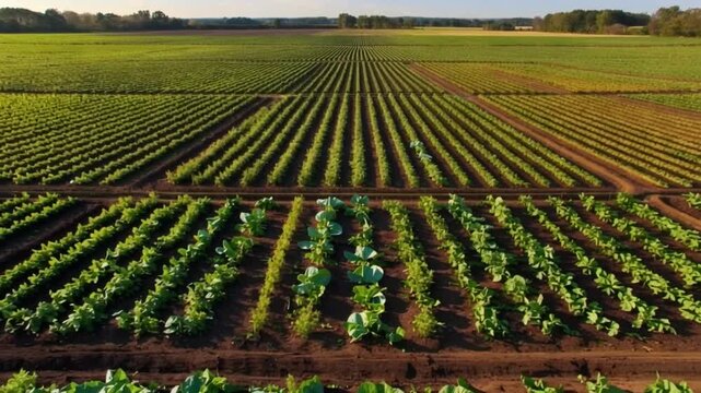 Aerial view showcasing expansive agricultural fields with vibrant green crops in organized rows, highlighting patterns of growth and beauty of rural farming landscapes in nature