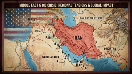 Geopolitical map of the Middle East highlighting Iran and the oil crisis. Infographic featuring a downward trend graph, petroleum icons, and a faded USA flag. Concept of global energy market tensions