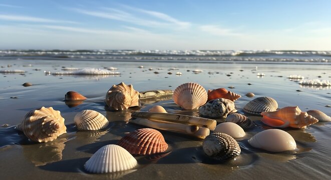 Seashells on the Beach - A Coastal Collection at Low Tide.