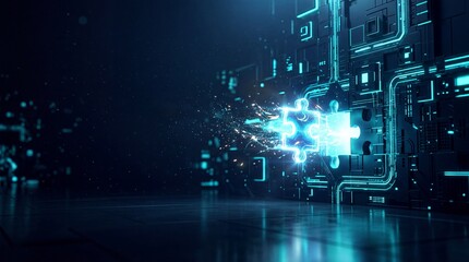 Naklejka premium Neon puzzle pieces colliding with sparks on dark background