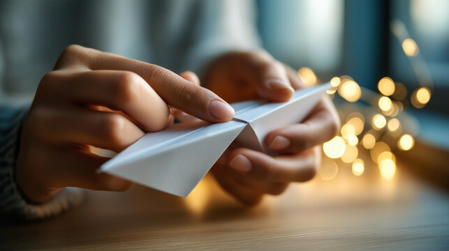 Playful and creative macro of two anonymous hands engaged in folding a sheet of bright white A4 paper into the early stages of a paper airplane both hands working in concert