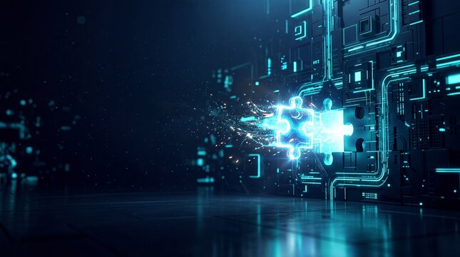 Neon puzzle pieces colliding with sparks on dark background