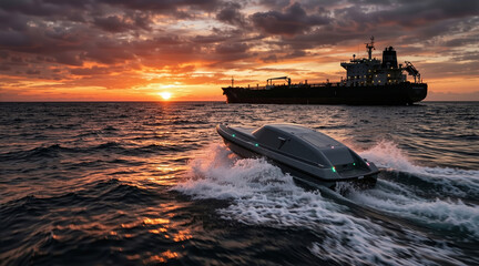 Unmanned surface vessel speeding through the ocean at sunset. Autonomous drone boat patrolling near a large commercial cargo ship in sea. Maritime security and naval defense technology concept