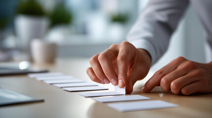 Fototapeta premium Clean and ordered close up of anonymous hands arranging a short row of six white index cards in a precise left to right sequence on a white desk the hand is placing the fourth