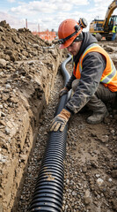 Vertical view of a construction worker laying a drainage pipe in a trench. Professional man in safety vest and hard hat installing utility system on a gravel bed. Civil engineering concept