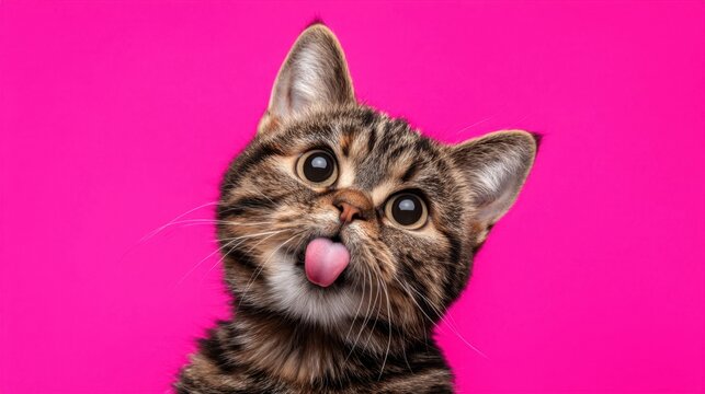 Funny tabby cat with tongue out and big eyes on vibrant pink background