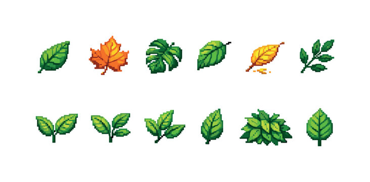 Collection of pixel art leaves in various shapes and colors, representing nature