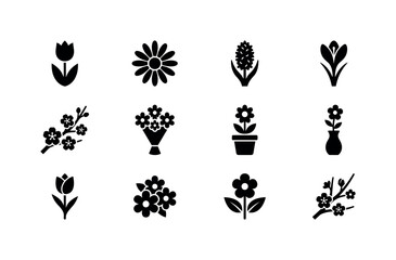 Obraz premium Collection of twelve stylized black and white floral icons for spring