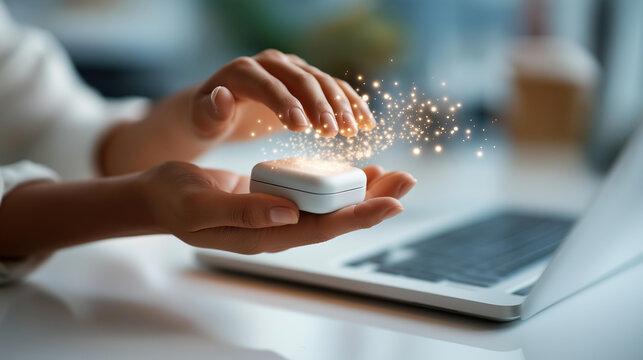 Striking aerial flat lay composition of anonymous hands hovering over a white laptop one hand cradling a compact matte white external storage drive while the other steadies the