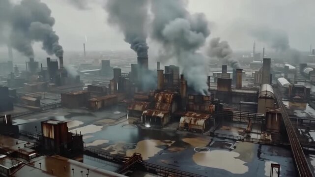 Industrial factory pollution with smoke from chimneys, rusted metal decay, water puddles causing environmental damage and air pollution urban industrial areas with toxic smog and chemical waste