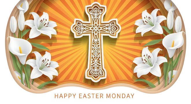Ornate easter cross with lilies and rays of light as transparent cutout