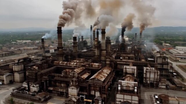 Industrial factory smoke stack pollution aerial view heavy manufacturing plant chimney emission rusted metal industrial complex environment air pollution factory building layered factory V exhaust