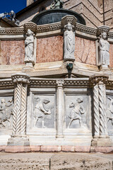 Obraz premium Exterior of the Church of Santi Stefano e Valentino, a small Romanesque church documented since 1163, with a saddle bell tower restored in 1936, on Via dei Priori, Perugia, Umbria, Italy. 