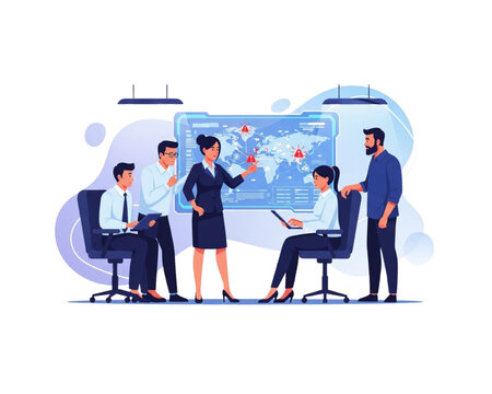 Global Crisis Management Team: Professionals analyzing cybersecurity threats & warning alerts on world map interface. Risk assessment strategy meeting, emergency response & digital data concept.