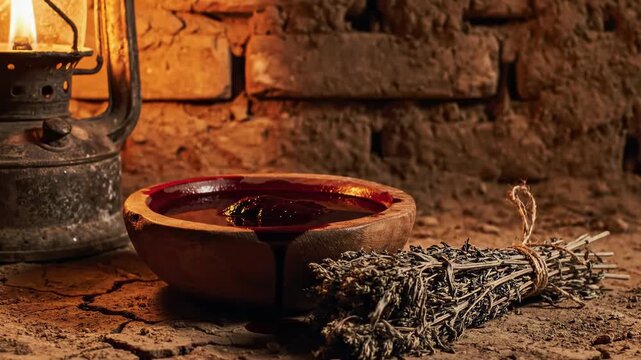 Wooden bowl of dark liquid next to dried herbs and an old lantern on cracked earth for an ancient ritual concept and mysterious atmosphere
