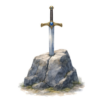 A beautiful watercolor Excalibur sword in the stone illustration featuring a legendary jeweled medieval sword embedded in a rugged rock.