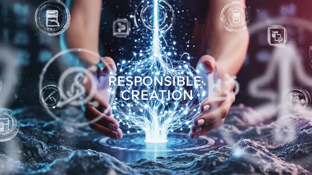 Hands shaping glowing digital energy, responsible creation visualization with holographic neural tree rising from palms, floating interface icons representing data governance, ambient blue glow