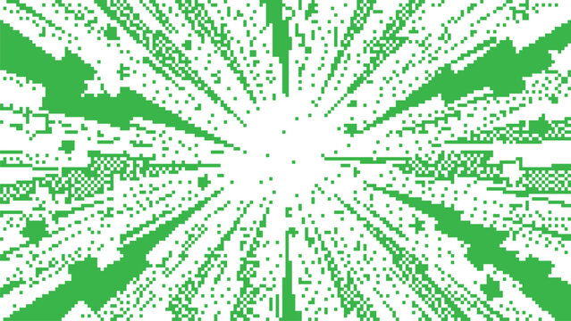 Abstract pixel art background with a bright green radial burst effect emanating from the center