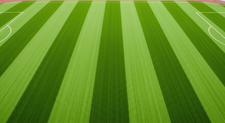 Obraz premium Vibrant green soccer field with vertical striped pattern and white goal lines in a stadium