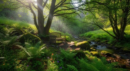 Obraz premium Serene Forest Stream Scene with Sunlight Filtering Through Lush Green Trees and Vibrant Foliage