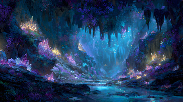 光輝くクリスタルが眠る幻想的な巨大地下洞窟 魔法の川が流れるファンタジー世界の背景素材