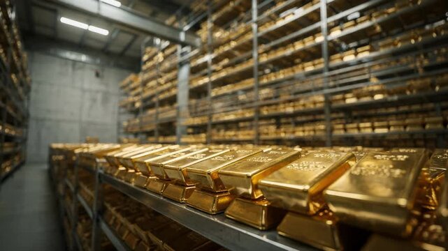 Lowangle medium shot emphasizing the massive shelving structure holding pristine gold bars inside a fortified reserve primary focus on lower shelf gold bars with blurred upper