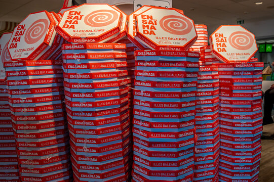 Stacks of Ensaimada Pastry Boxes from Illes Balears at Airport Shop in Mallorca, Spain.