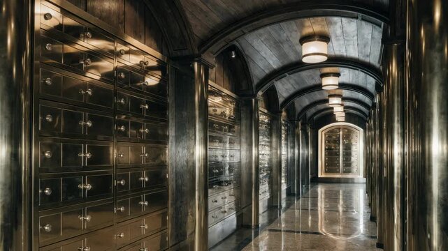 Medium shot of a secure corridor featuring highend safe deposit boxes illuminated by soft warm lighting creating an exclusive atmosphere.