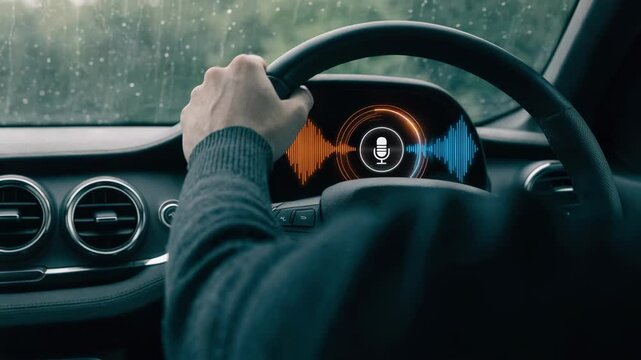 Medium shot of a car dashboard displaying a voice search interface microphone icon illuminated and waveform visual active with the drivers hands slightly out of focus.