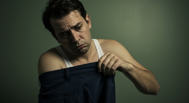 Caucasian man confused while trying to put on trousers instead of a shirt. Funny morning blunder concept for lifestyle.