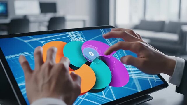 Tablet designer exploring architectural model interface with interactive touchscreen gestures, layered blueprint overlays, detailed facade renderings, modern office background, focused user testing,