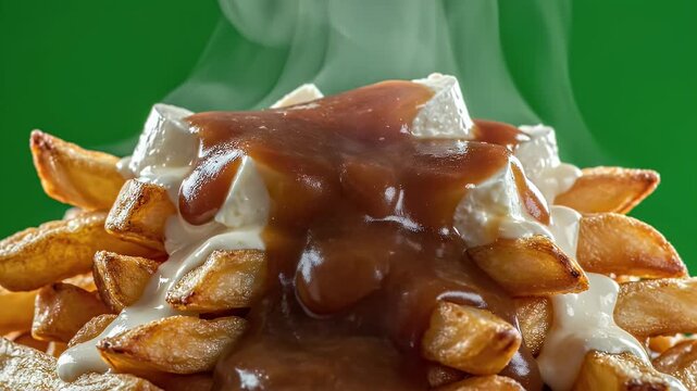 Close Up Extreme Shot Of Canadian Poutine With Gravy And Cheese Curds Steaming Against A Vibrant Green Background Delicious Appetizer Food Photography